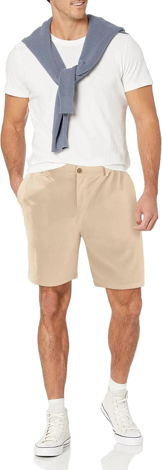 Men's Cotton Linen Shorts Casual Button Elastic Waist Summer Beach Vacation Shorts with Multi-Pocket