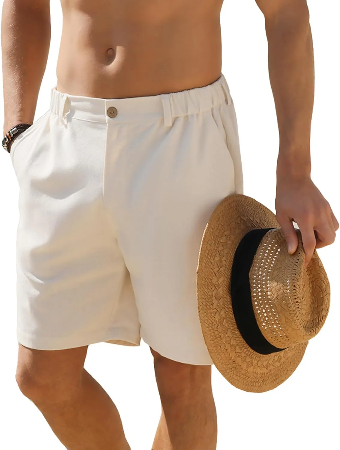 Men's Cotton Linen Shorts Casual Button Elastic Waist Summer Beach Vacation Shorts with Multi-Pocket