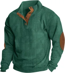 Mens Long Sleeve Sweatshirts Corduroy Elbow Patches Shirt Lapel Collar Pullover Fall Western Tops