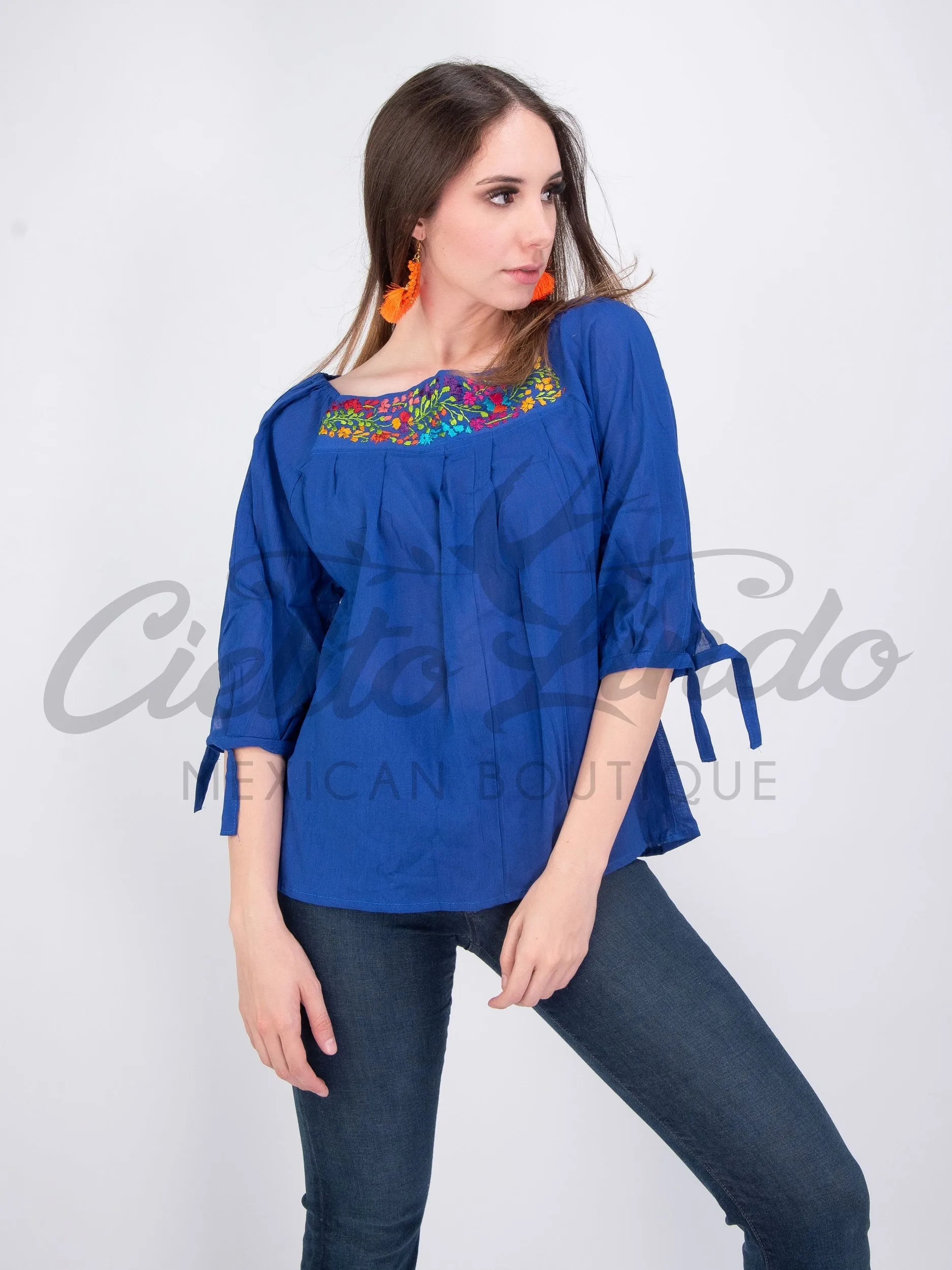 Mexican Embroidered Blouse Cozumel Royal Blue