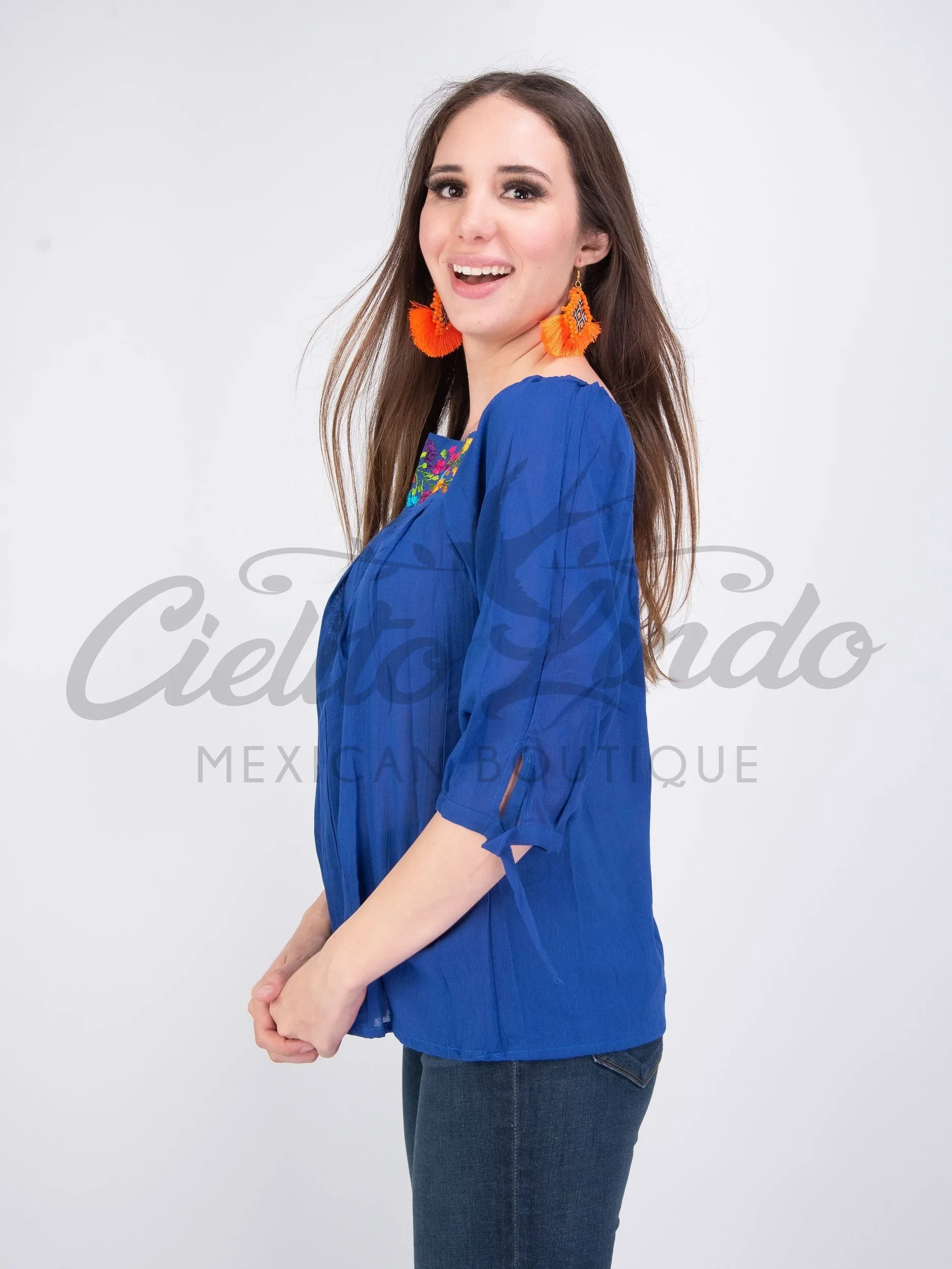 Mexican Embroidered Blouse Cozumel Royal Blue