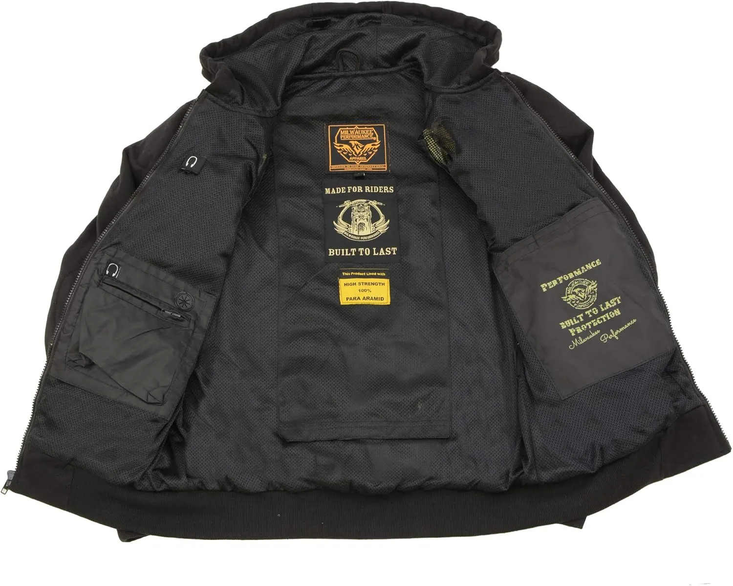 Milwaukee Leather MPM1788 Men's Black CE Approved Armored Riding Hoodie Sweater w/Aramid by DuPont Fibers