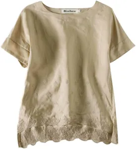 Minibee Women's Summer Linen Tunic Shirt High Low Hem Embroidery Blouse Top