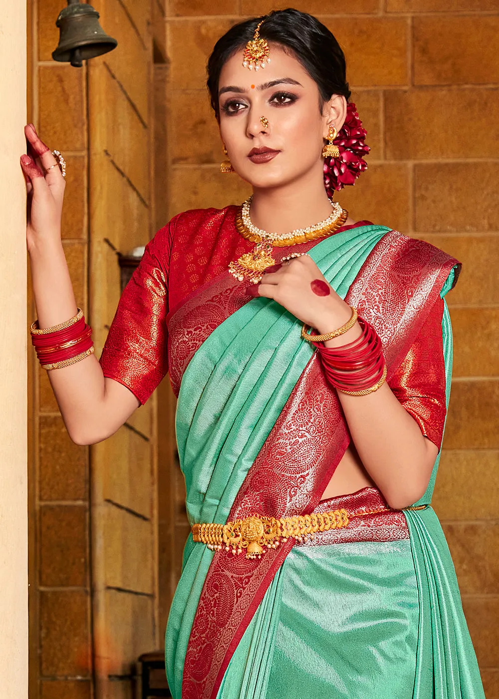 Mint Green Zari Woven Kanjivaram Silk Saree with Contrast Border & Pallu