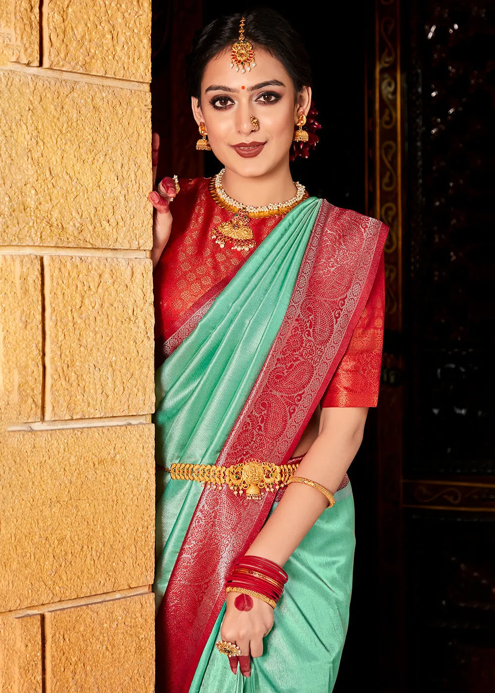 Mint Green Zari Woven Kanjivaram Silk Saree with Contrast Border & Pallu