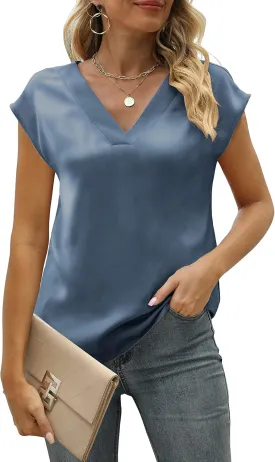 MIROL Women's Cap Sleeve Silk Tops V Neck Satin Blouse Solid Elegant Loose Fit Shirts