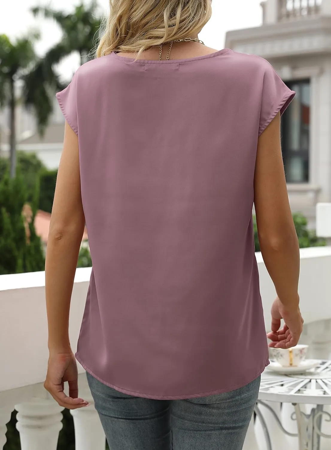 MIROL Women's Cap Sleeve Silk Tops V Neck Satin Blouse Solid Elegant Loose Fit Shirts
