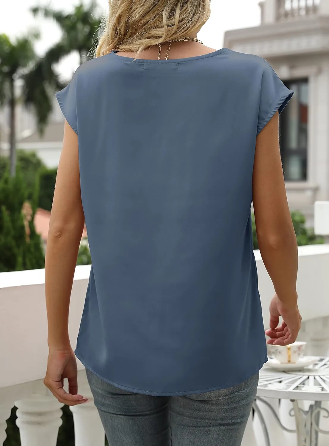 MIROL Women's Cap Sleeve Silk Tops V Neck Satin Blouse Solid Elegant Loose Fit Shirts