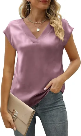 MIROL Women's Cap Sleeve Silk Tops V Neck Satin Blouse Solid Elegant Loose Fit Shirts