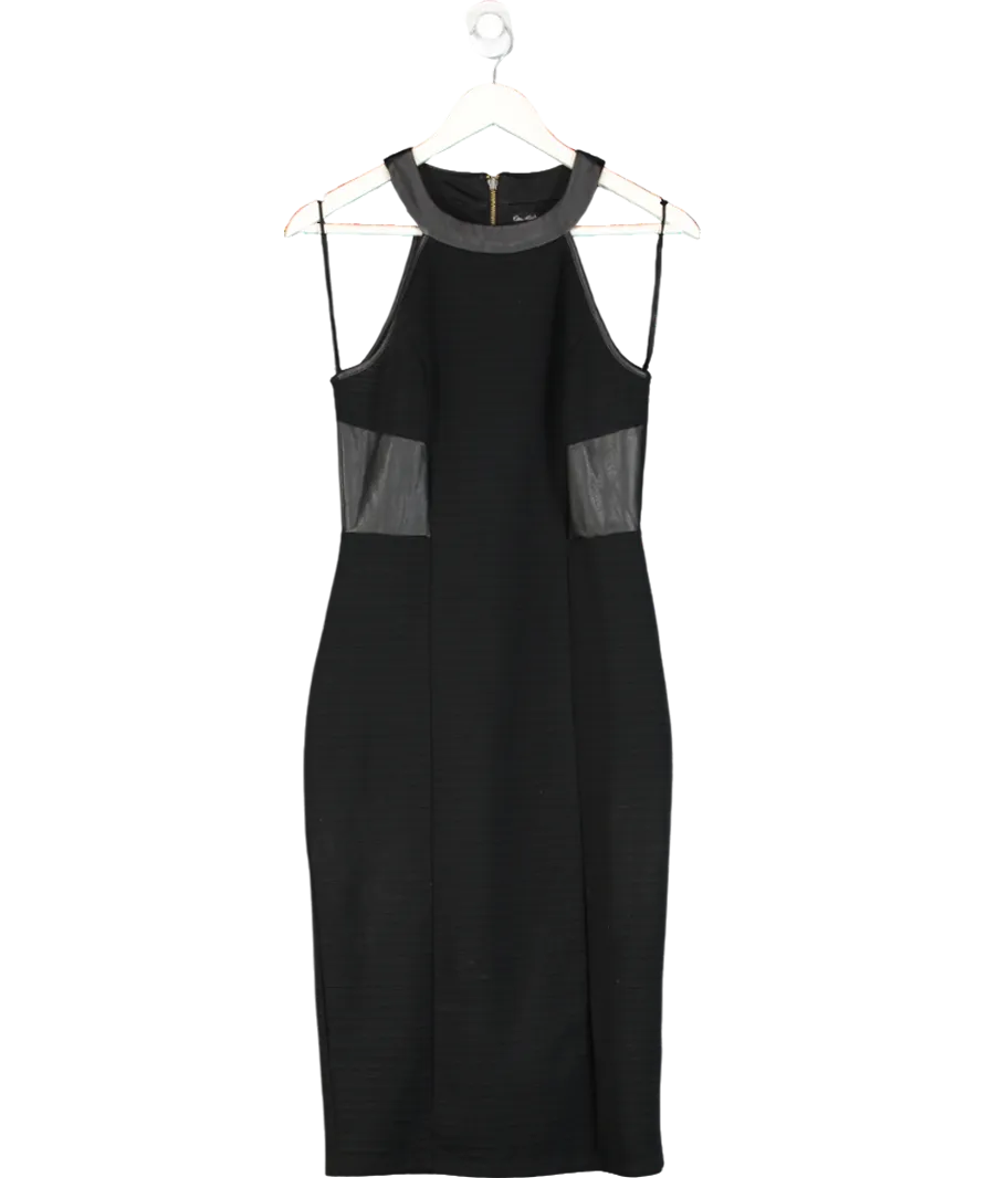 Miss Selfridge Black Ribbed Bodycon Pencil Dress With Faux Leather Trim UK 10