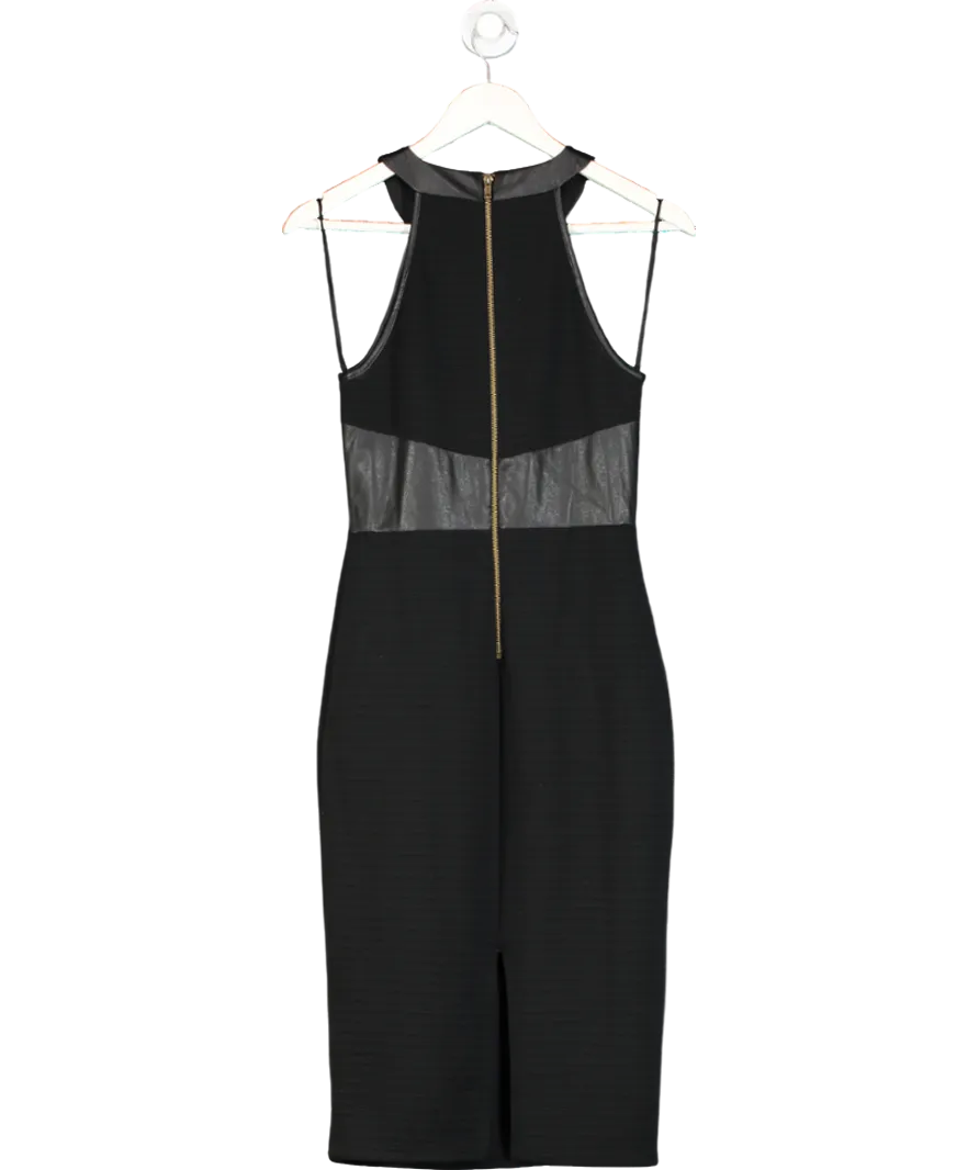 Miss Selfridge Black Ribbed Bodycon Pencil Dress With Faux Leather Trim UK 10