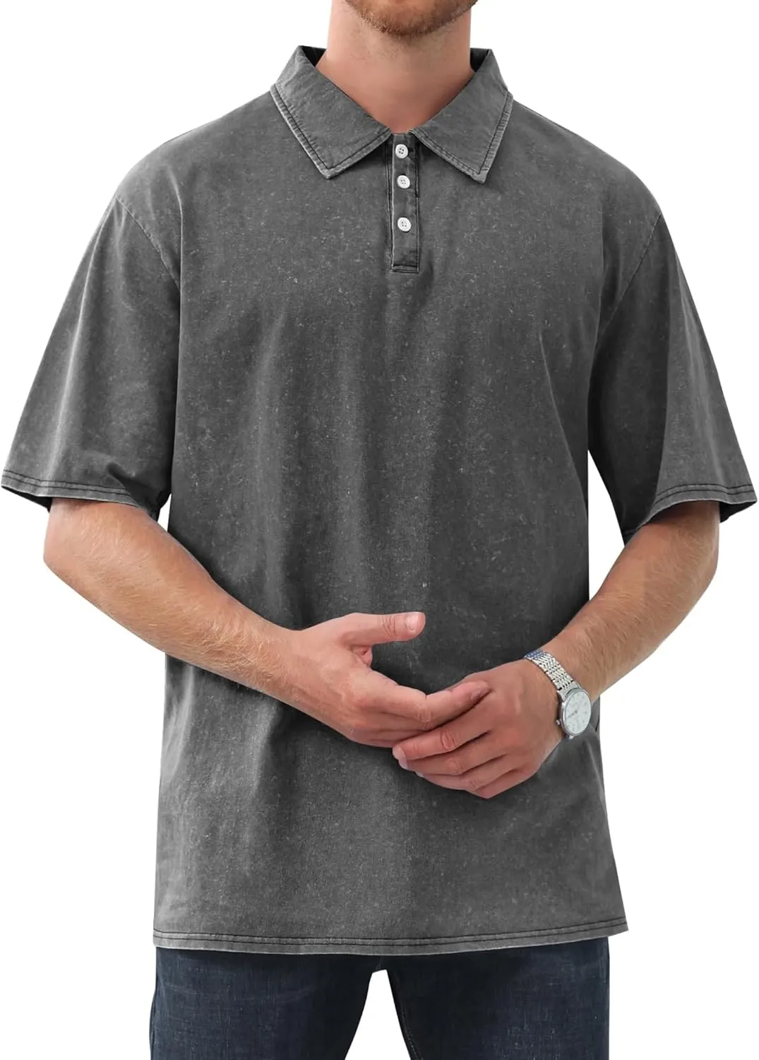 Mokaloha Mens Shirts Mokaloha Mens Pure Cotton Vintage Distressed Polo Shirt Casual Lapel Short Sleeve Button Down Tee