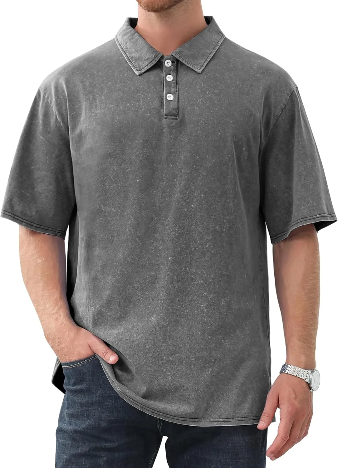 Mokaloha Mens Shirts Mokaloha Mens Pure Cotton Vintage Distressed Polo Shirt Casual Lapel Short Sleeve Button Down Tee