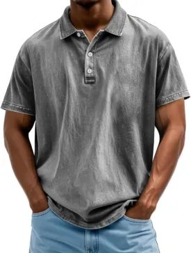Mokaloha Mens Shirts Mokaloha Mens Pure Cotton Vintage Distressed Polo Shirt Casual Lapel Short Sleeve Button Down Tee