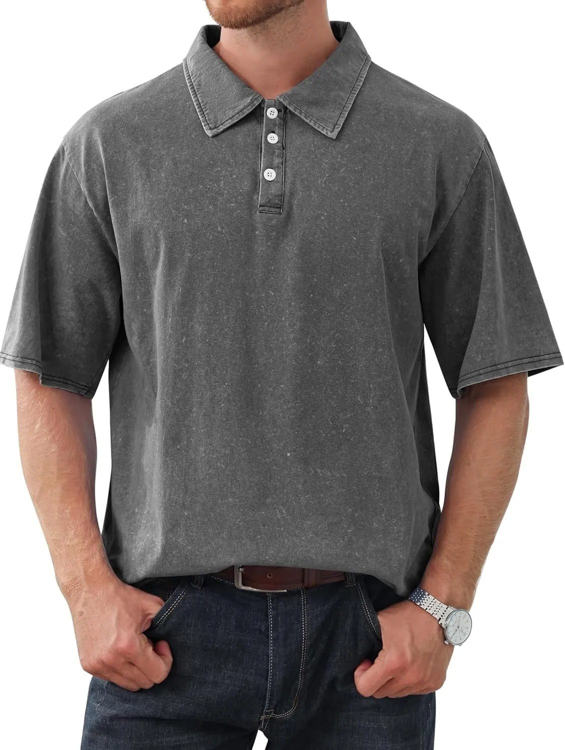 Mokaloha Mens Shirts Mokaloha Mens Pure Cotton Vintage Distressed Polo Shirt Casual Lapel Short Sleeve Button Down Tee