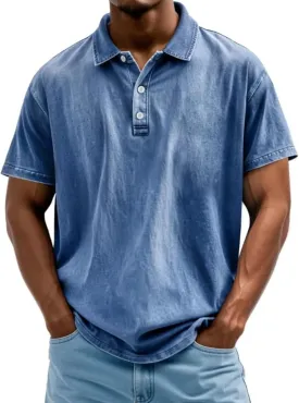 Mokaloha Mens Shirts Mokaloha Mens Pure Cotton Vintage Distressed Polo Shirt Casual Lapel Short Sleeve Button Down Tee