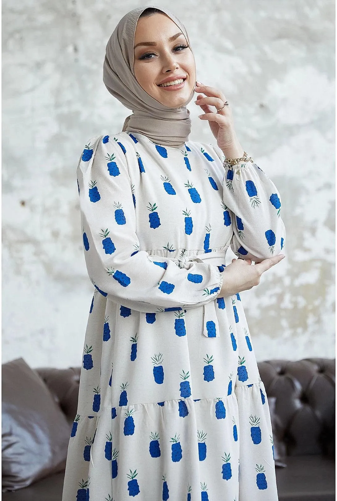 Navy Blue Pineapple Pattern Long Abaya Dress | Elegant Modest Fashion