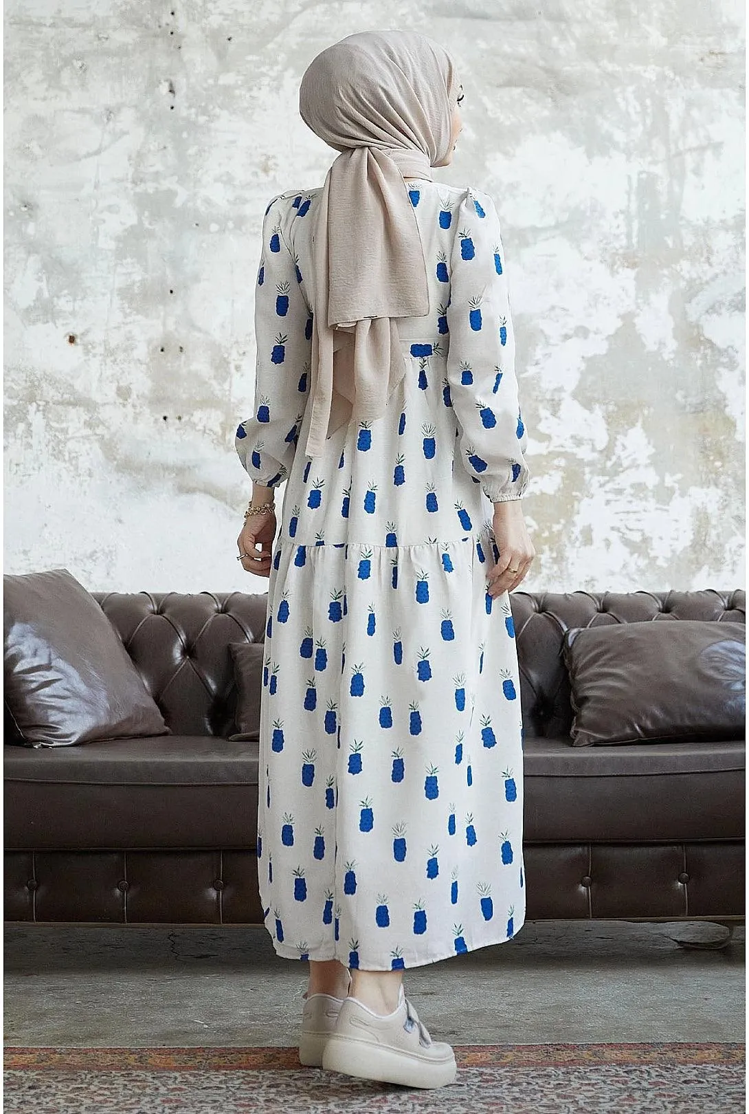 Navy Blue Pineapple Pattern Long Abaya Dress | Elegant Modest Fashion