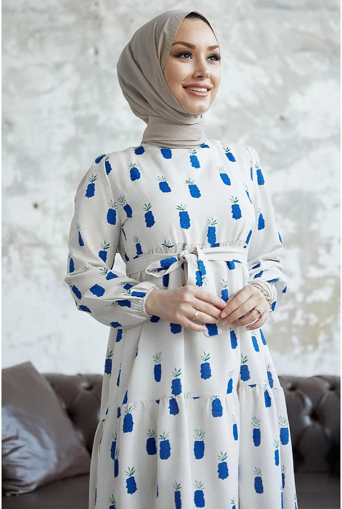 Navy Blue Pineapple Pattern Long Abaya Dress | Elegant Modest Fashion