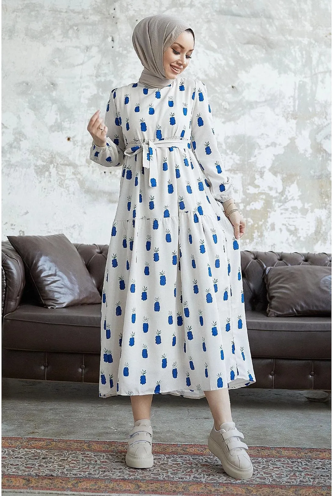 Navy Blue Pineapple Pattern Long Abaya Dress | Elegant Modest Fashion