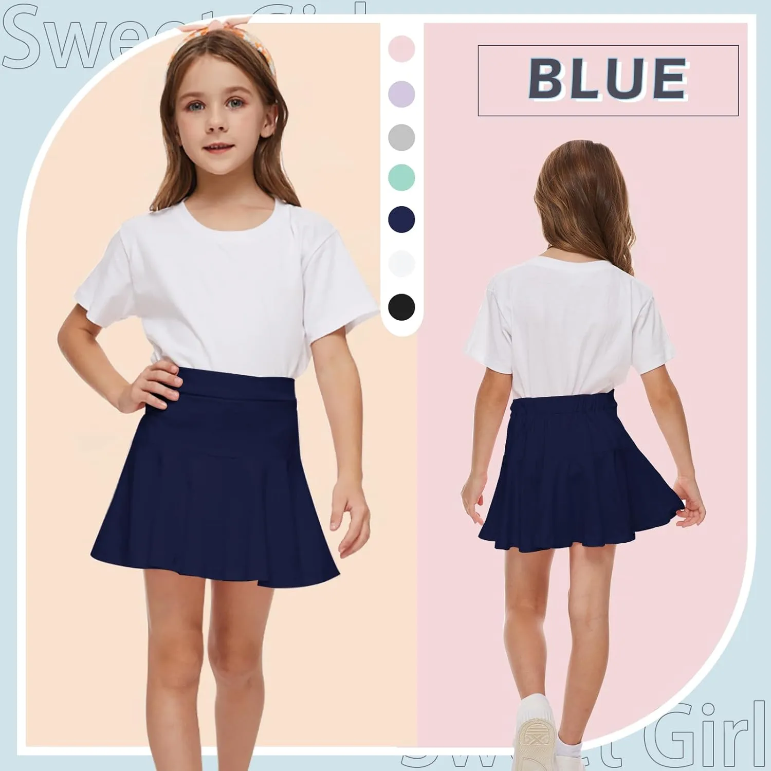 Neutocd Toddler Little Girls Skirts Skorts Elastic Flared Plain Pleated Tennis Skater Skirts for Girls Kids Built in Shorts