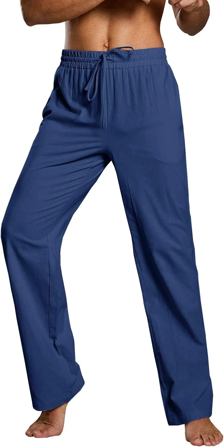 PASLTER Mens Casual Linen Pants Loose Fit Elastic Drawstring Waist Straight-Legs Summer Yoga Beach Long Pants