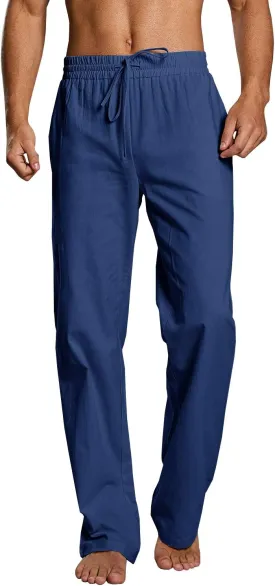 PASLTER Mens Casual Linen Pants Loose Fit Elastic Drawstring Waist Straight-Legs Summer Yoga Beach Long Pants