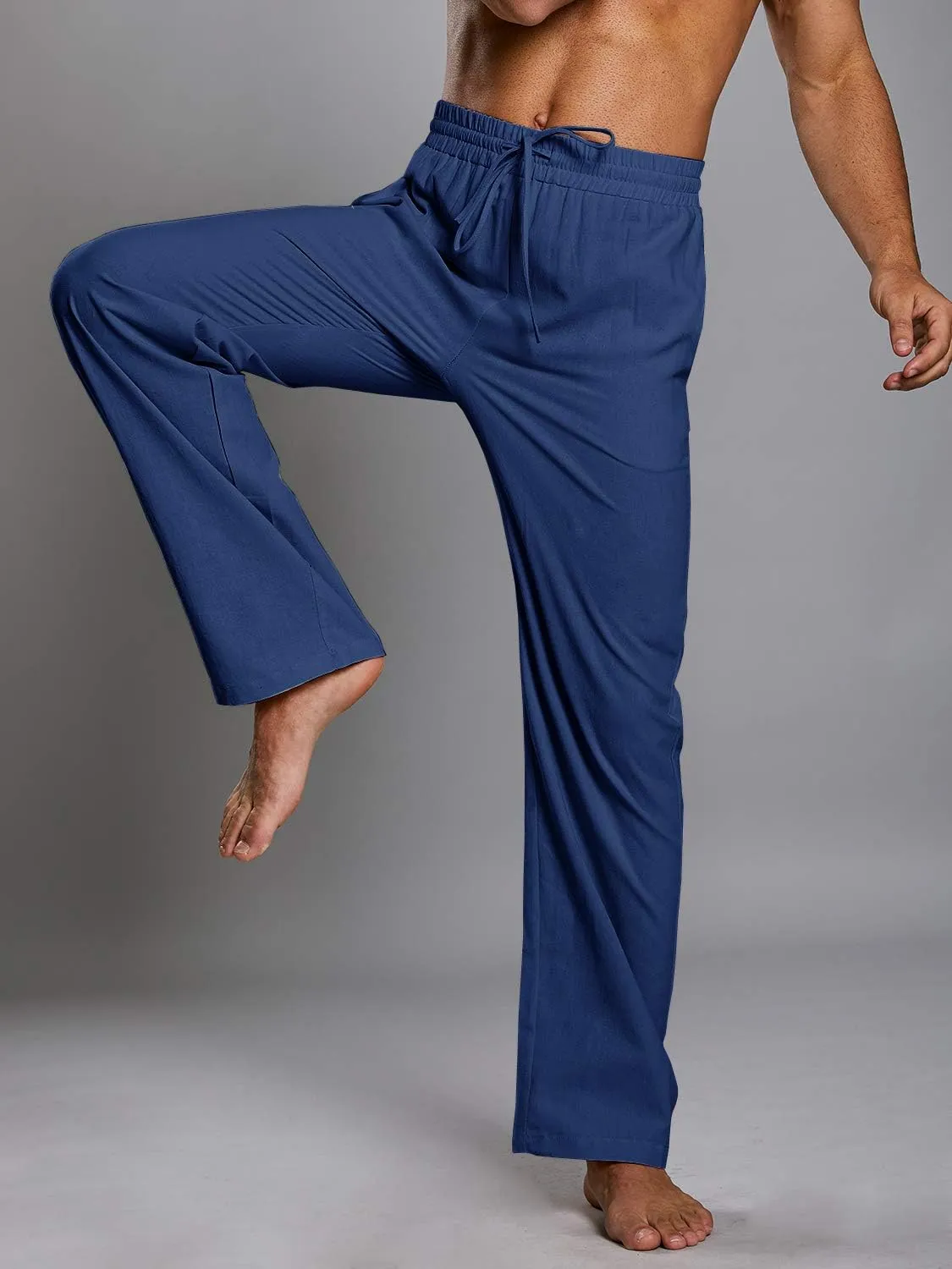 PASLTER Mens Casual Linen Pants Loose Fit Elastic Drawstring Waist Straight-Legs Summer Yoga Beach Long Pants