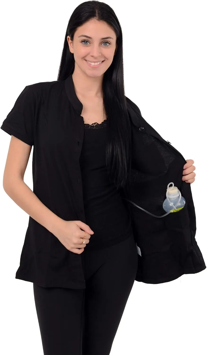 Post Mastectomy Shirt -Band Collar Button Down Blouse with Drain Pockets for Drainage Management - Women's Recovery Clothing