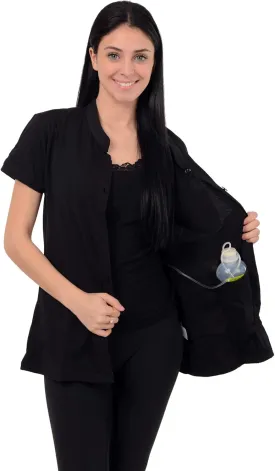 Post Mastectomy Shirt -Band Collar Button Down Blouse with Drain Pockets for Drainage Management - Women's Recovery Clothing
