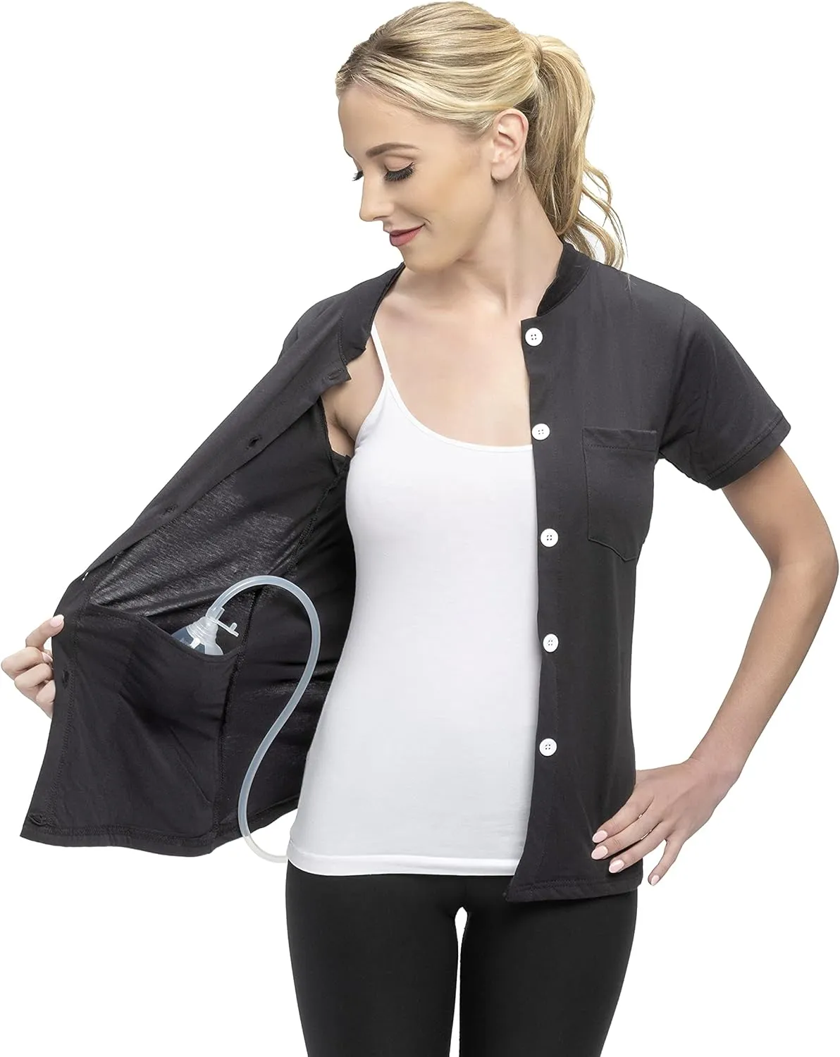 Post Mastectomy Shirt -Band Collar Button Down Blouse with Drain Pockets for Drainage Management - Women's Recovery Clothing