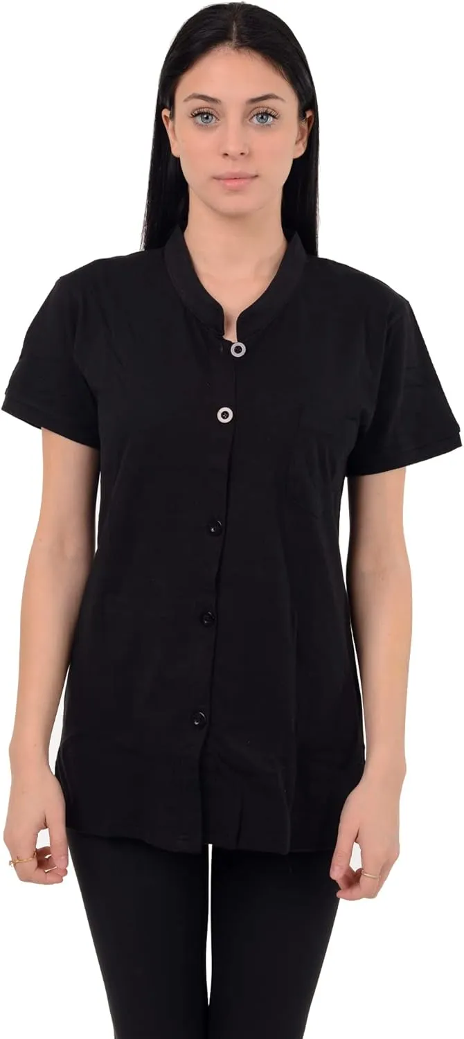 Post Mastectomy Shirt -Band Collar Button Down Blouse with Drain Pockets for Drainage Management - Women's Recovery Clothing