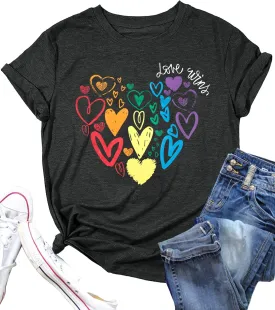 Pride Shirt Women LGBTQ Equality Shirts Rainbow Shirt Heart Graphic Tees Casual Summer Short Sleeve Tops
