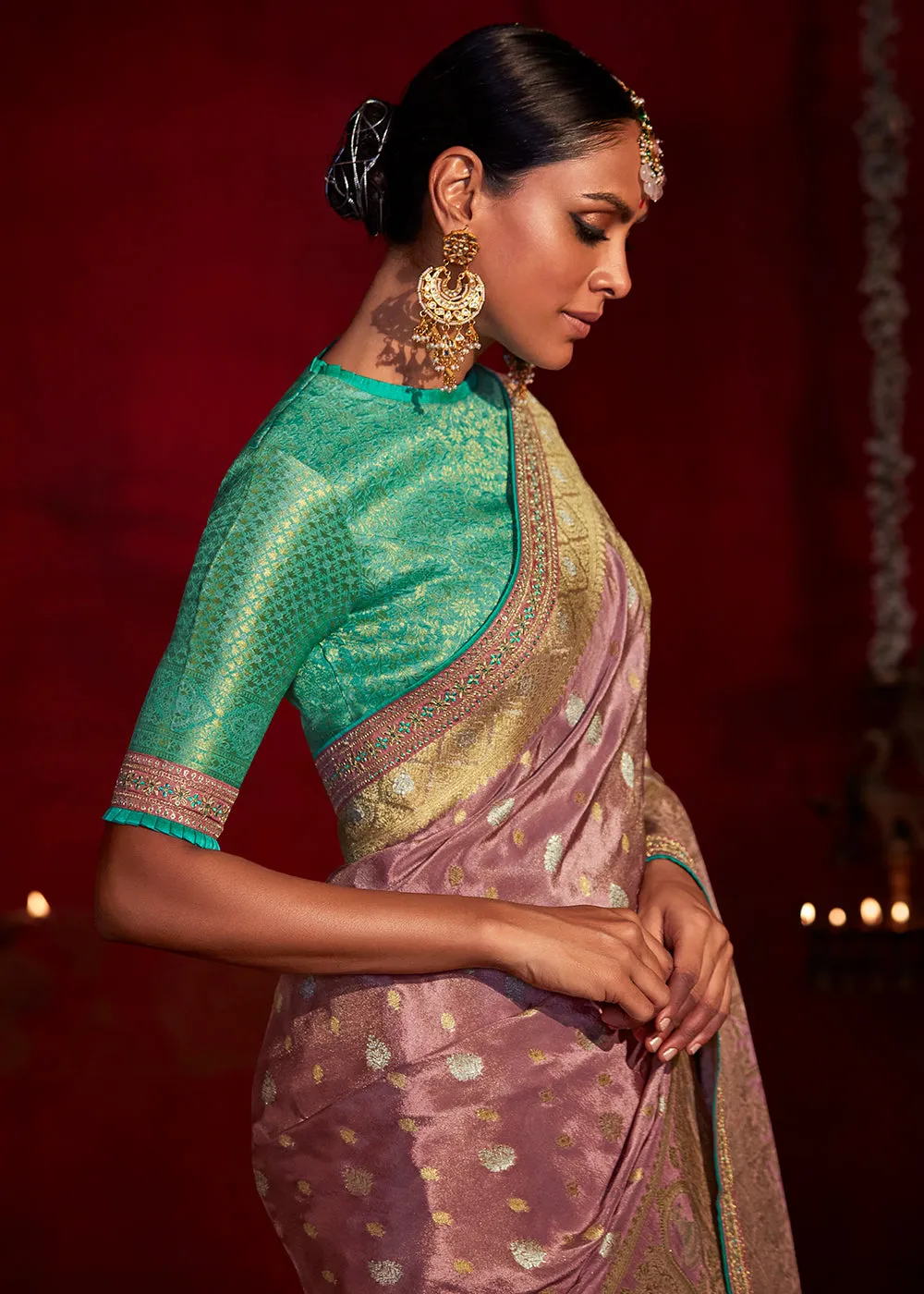 Puce Purple Zari Woven Khadi Silk Saree with Contrast Blouse