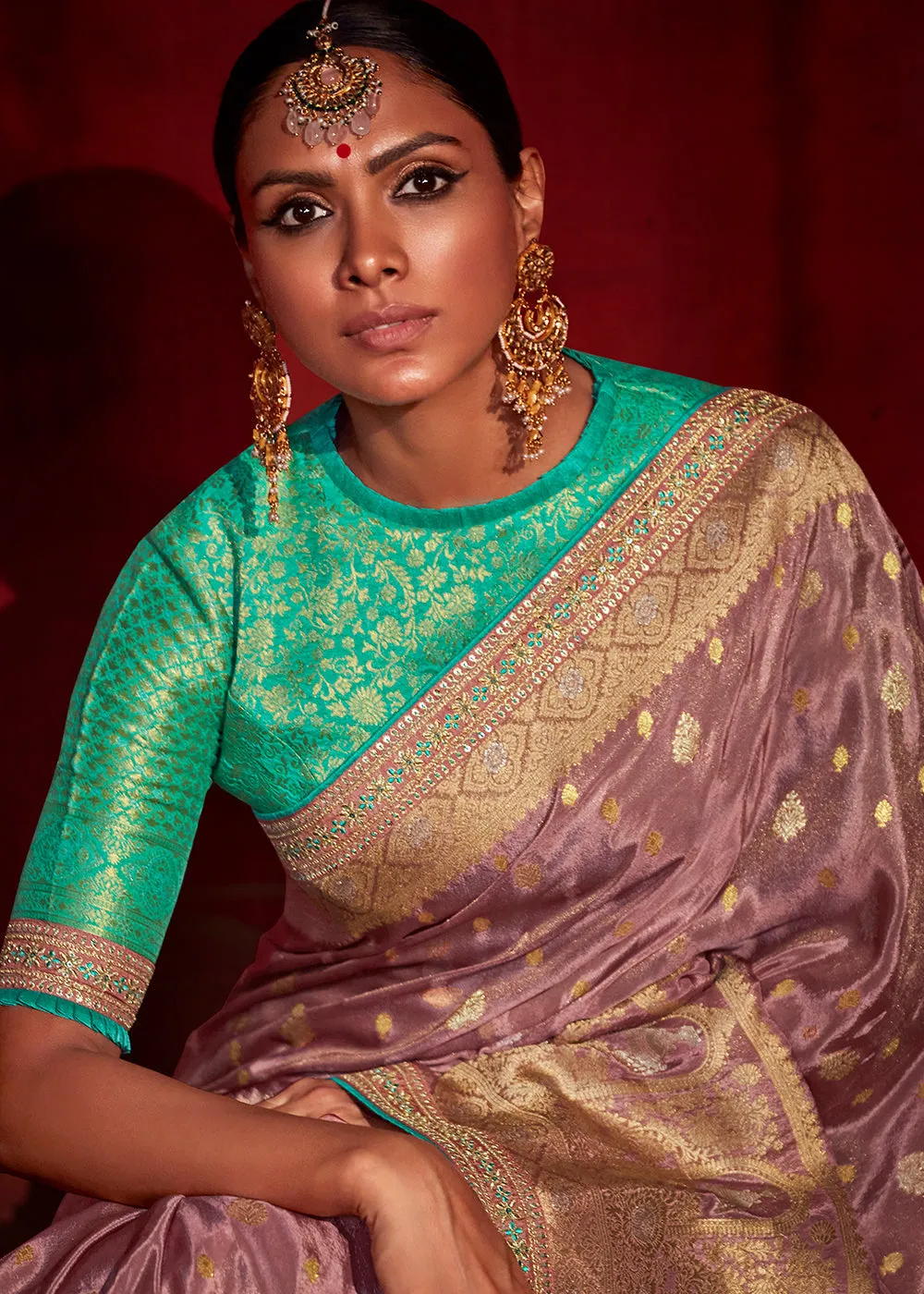 Puce Purple Zari Woven Khadi Silk Saree with Contrast Blouse