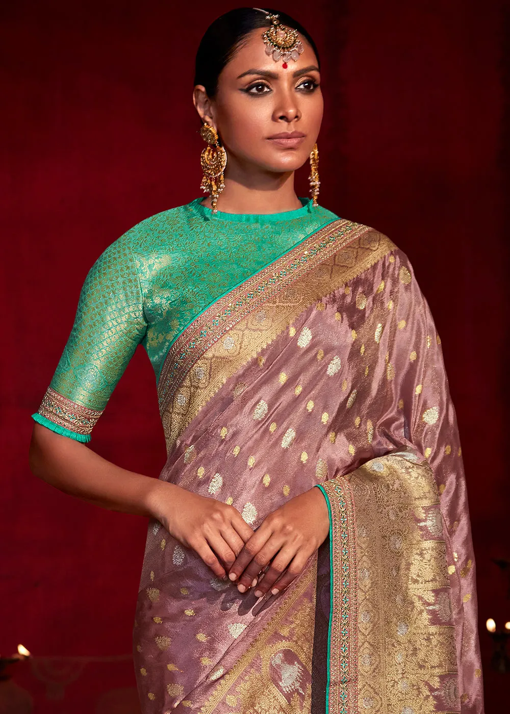 Puce Purple Zari Woven Khadi Silk Saree with Contrast Blouse