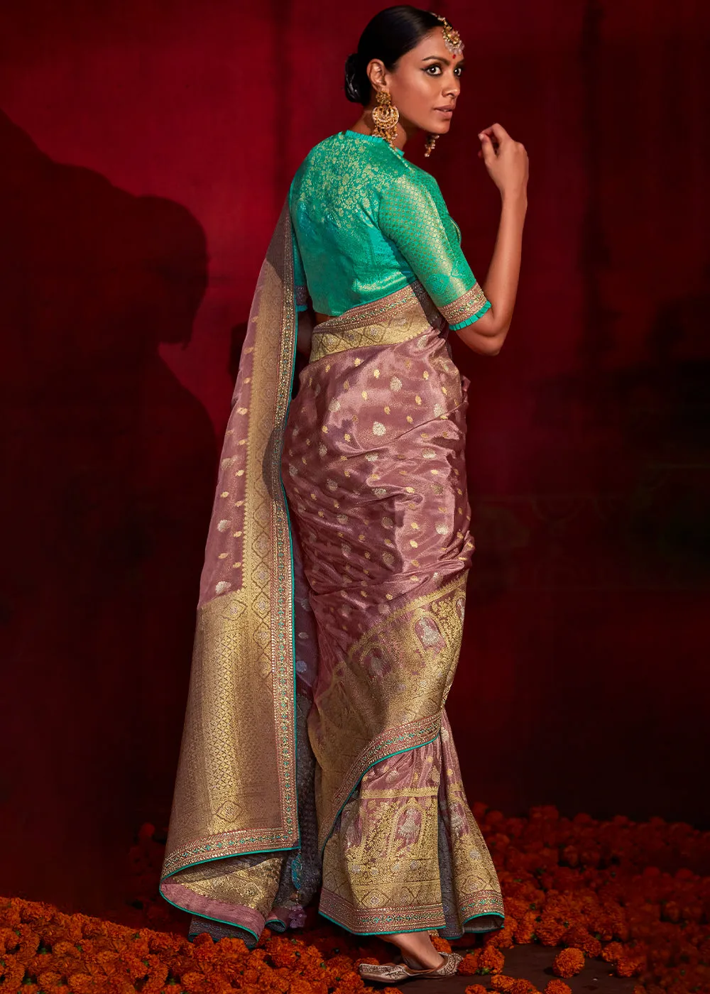 Puce Purple Zari Woven Khadi Silk Saree with Contrast Blouse