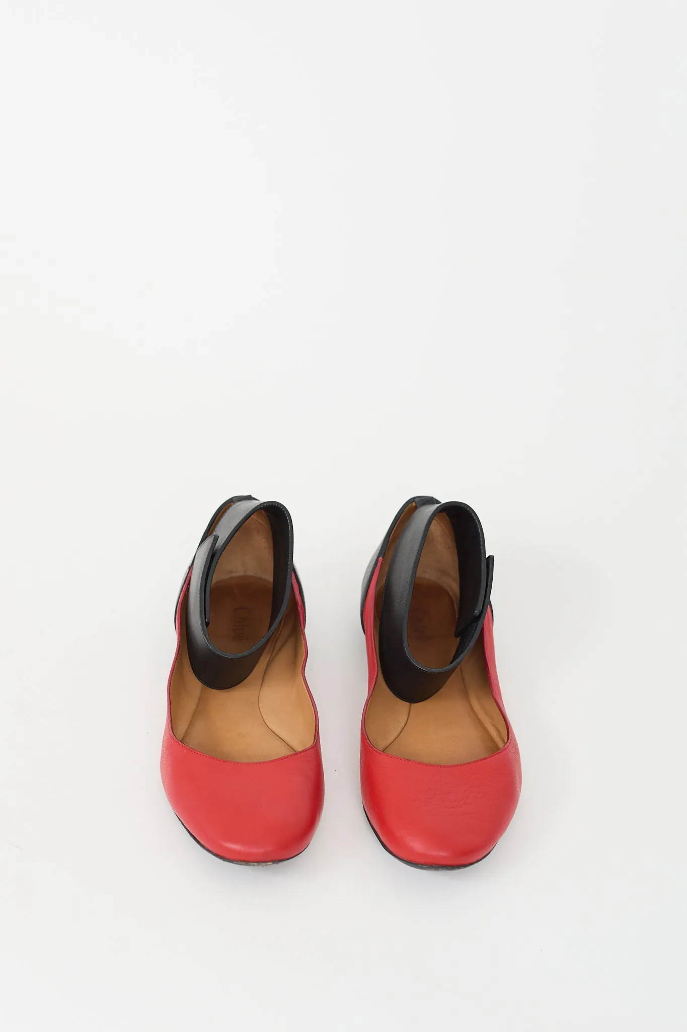 Red & Black Leather Ankle Strap Flat
