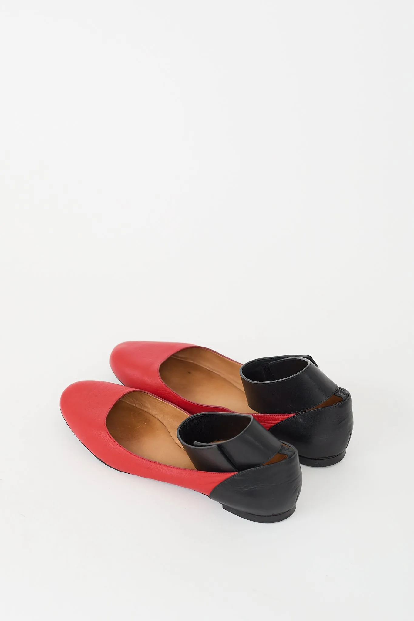 Red & Black Leather Ankle Strap Flat