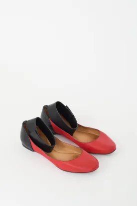 Red & Black Leather Ankle Strap Flat