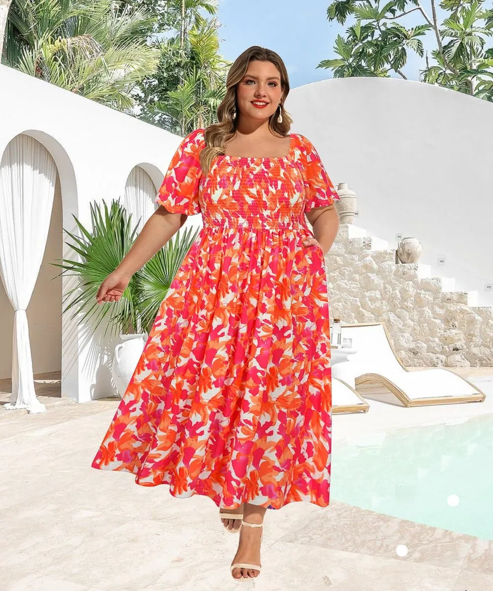 RITERA Plus Size Dresses for Curvy Women Square Neck Short Sleeve Summer Floral Smocked Maxi Dress with Pocket XL-5XL