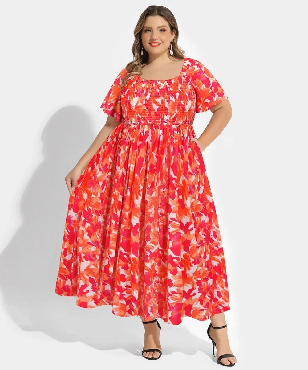 RITERA Plus Size Dresses for Curvy Women Square Neck Short Sleeve Summer Floral Smocked Maxi Dress with Pocket XL-5XL