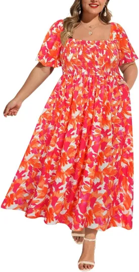 RITERA Plus Size Dresses for Curvy Women Square Neck Short Sleeve Summer Floral Smocked Maxi Dress with Pocket XL-5XL
