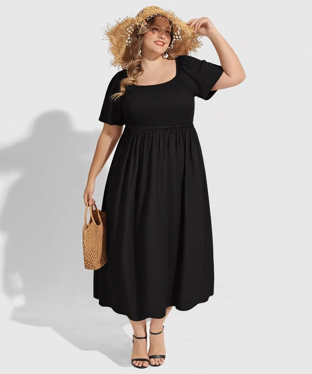 RITERA Plus Size Dresses for Curvy Women Square Neck Short Sleeve Summer Floral Smocked Maxi Dress with Pocket XL-5XL
