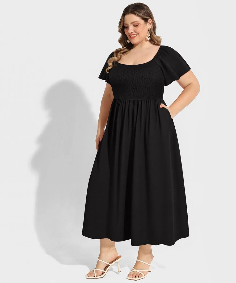 RITERA Plus Size Dresses for Curvy Women Square Neck Short Sleeve Summer Floral Smocked Maxi Dress with Pocket XL-5XL