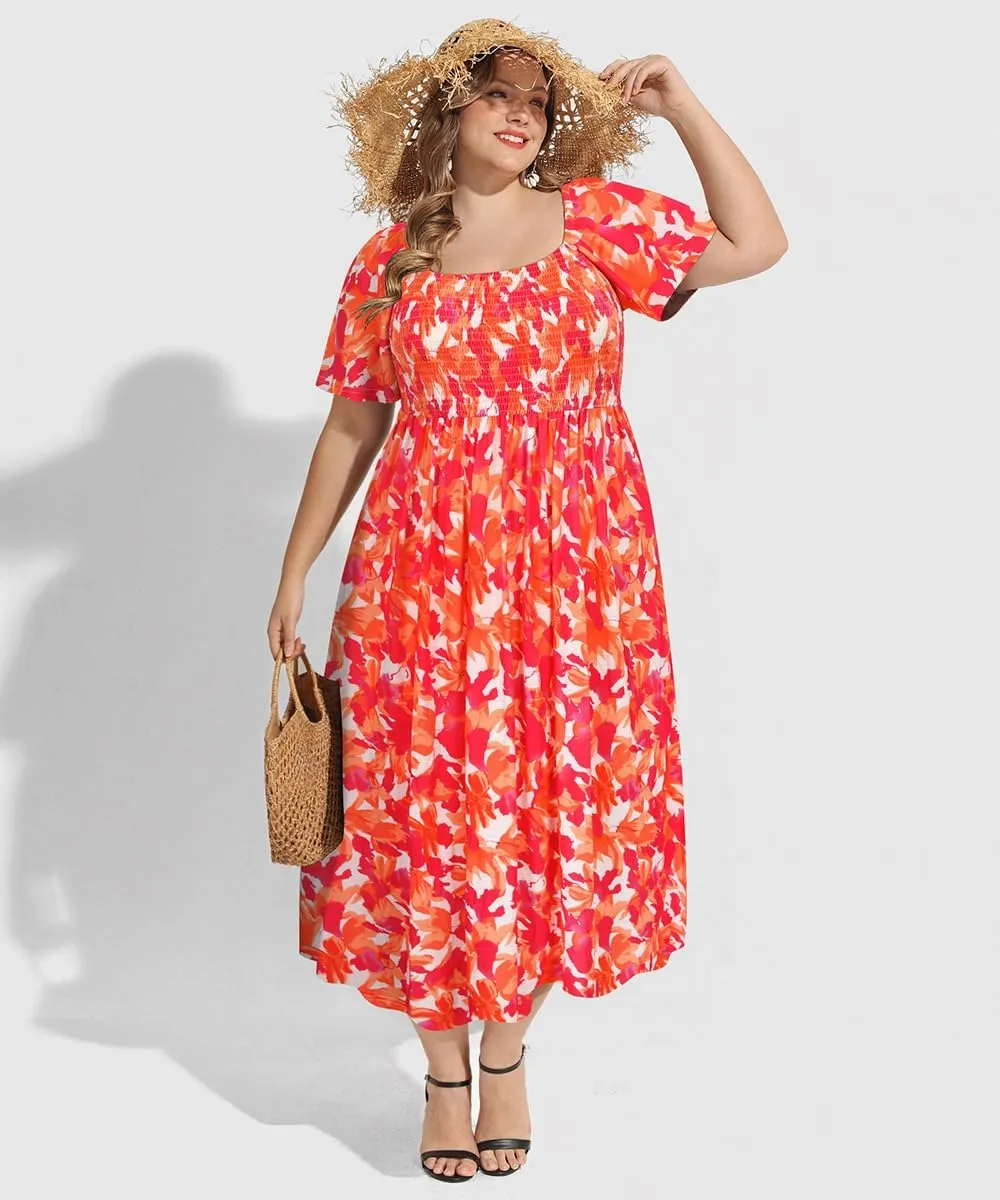 RITERA Plus Size Dresses for Curvy Women Square Neck Short Sleeve Summer Floral Smocked Maxi Dress with Pocket XL-5XL