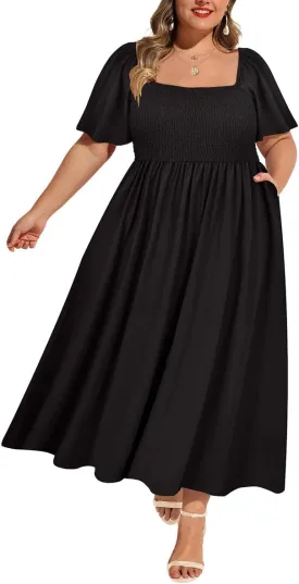 RITERA Plus Size Dresses for Curvy Women Square Neck Short Sleeve Summer Floral Smocked Maxi Dress with Pocket XL-5XL