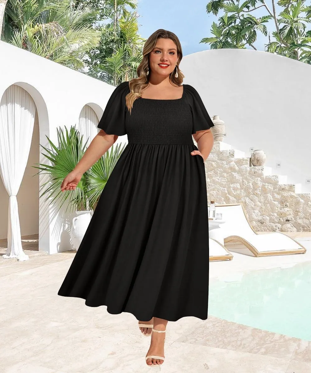 RITERA Plus Size Dresses for Curvy Women Square Neck Short Sleeve Summer Floral Smocked Maxi Dress with Pocket XL-5XL