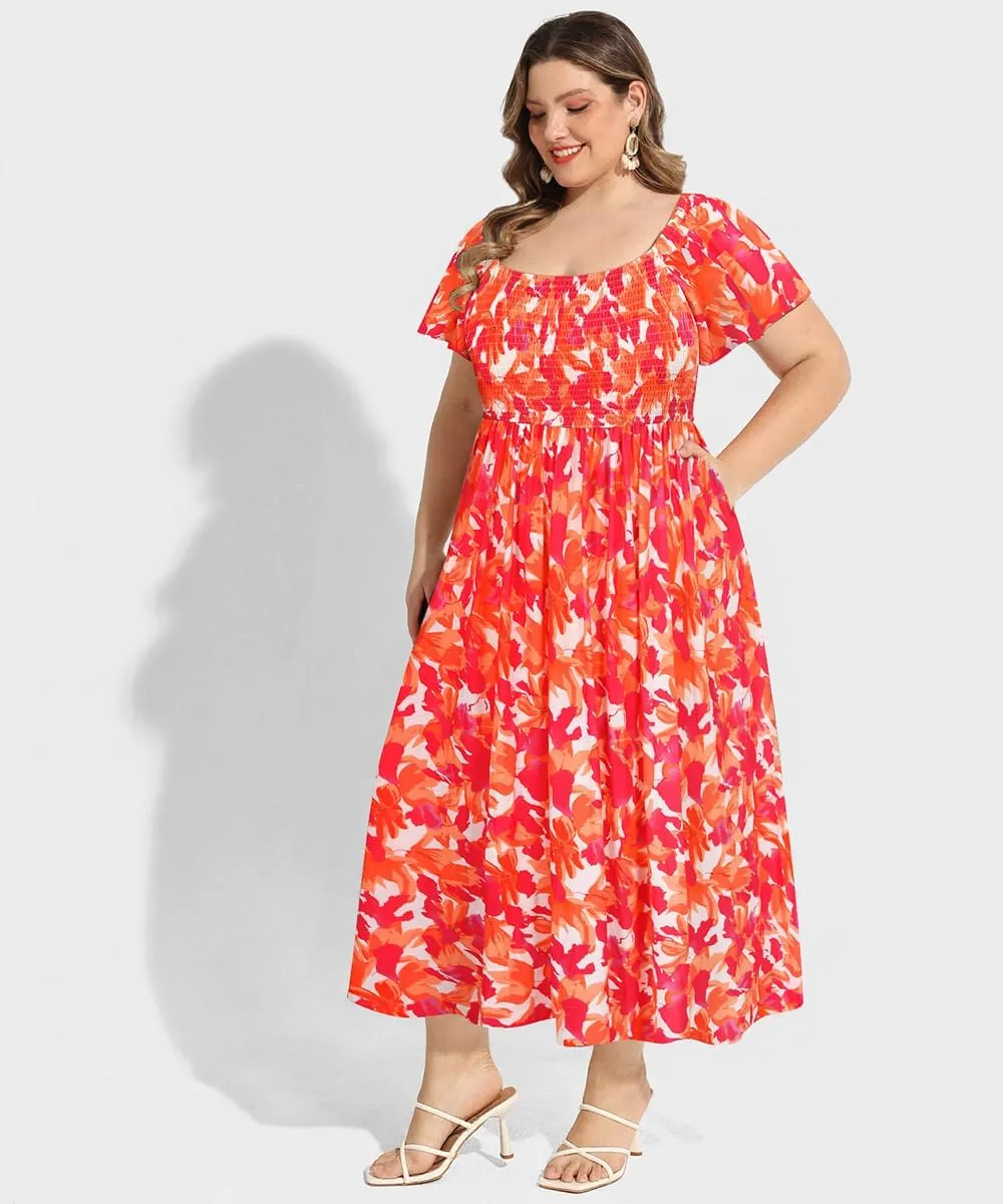 RITERA Plus Size Dresses for Curvy Women Square Neck Short Sleeve Summer Floral Smocked Maxi Dress with Pocket XL-5XL