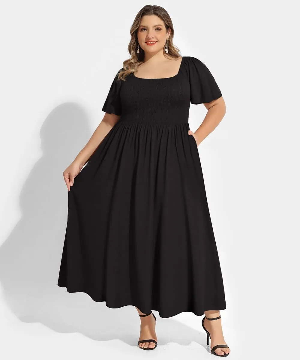 RITERA Plus Size Dresses for Curvy Women Square Neck Short Sleeve Summer Floral Smocked Maxi Dress with Pocket XL-5XL